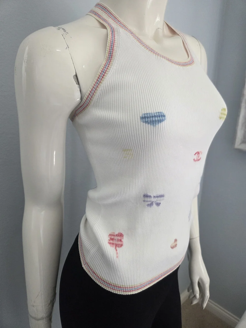 Chanel White Ribbed Logo Tank Top — Multicolor Motif